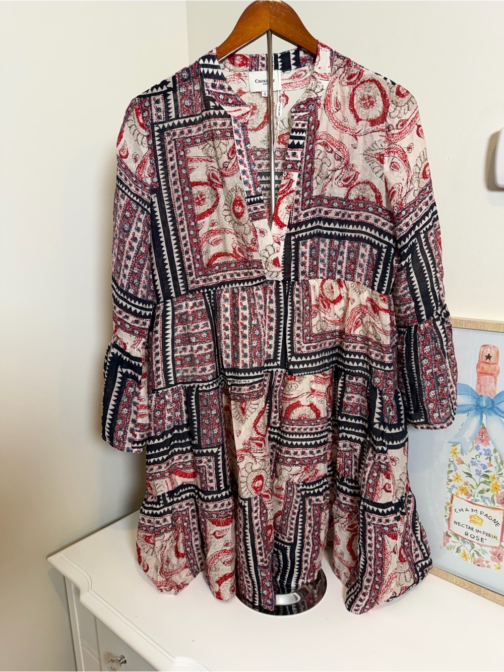 Choklate Paris Silk Blend Paisley Patchwork Tiered Mini Dress - Small